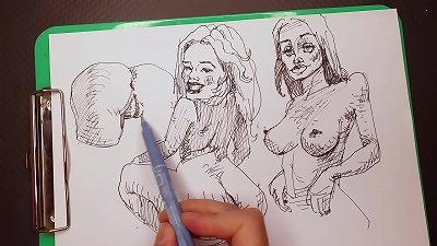 pornography artist at work, evening rapid sketches of handsome damsels with marker pen