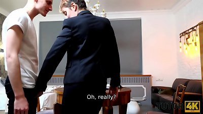 TUTOR4K. schoolteacher makes man weak in his knees so he cant stop poking milf