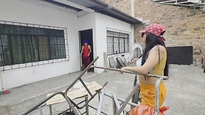 "NEW year GIFT: Homeless female eats BANANA while getting doggy anal