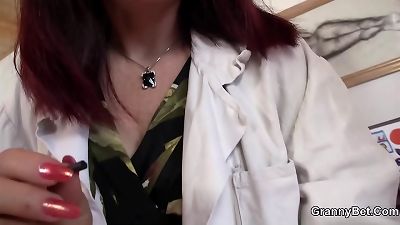 ginger-haired aged female deep throats and rides his hard-on