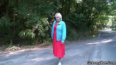 older blonde hitchhiker doggy-fucked outside